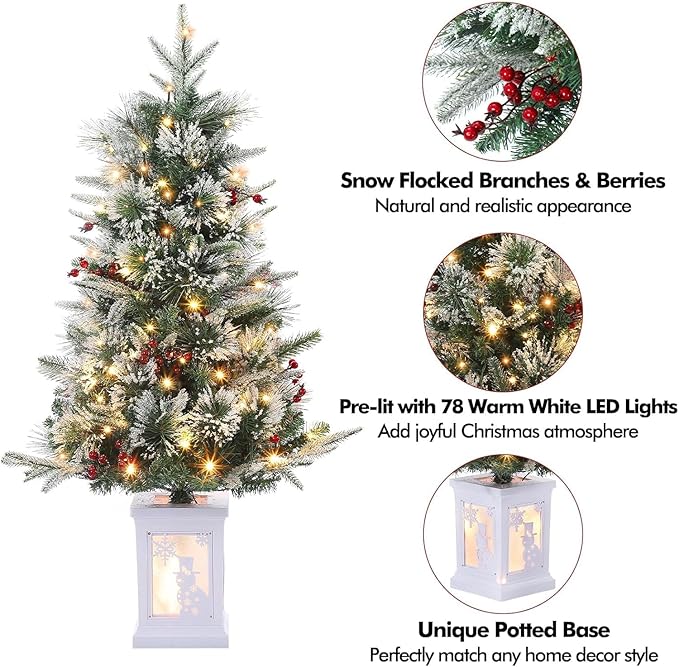 3FT Prelit Artificial Christmas Tree with Lights, 3 Foot Artificial Christmas Tree with Snowflake Base, 78 LED Prelit Christmas Tree, Battery Operated, Timer, Easy Assembly, Winter Holiday Decor
