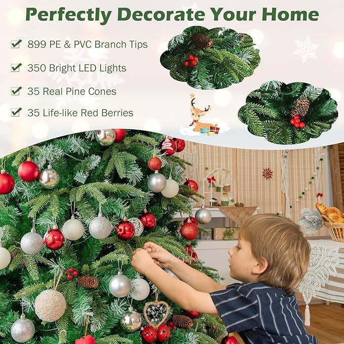 GOFLAME 6ft Pre-Lit Artificial Christmas Tree, Realistic Xmas Tree w/ 899 Branch Tips, 350 Multi-Color LED Lights, 35 Pinecones & Red Berries, Pine Tree w/ 11 Flash Modes for Holiday Decoration, Green