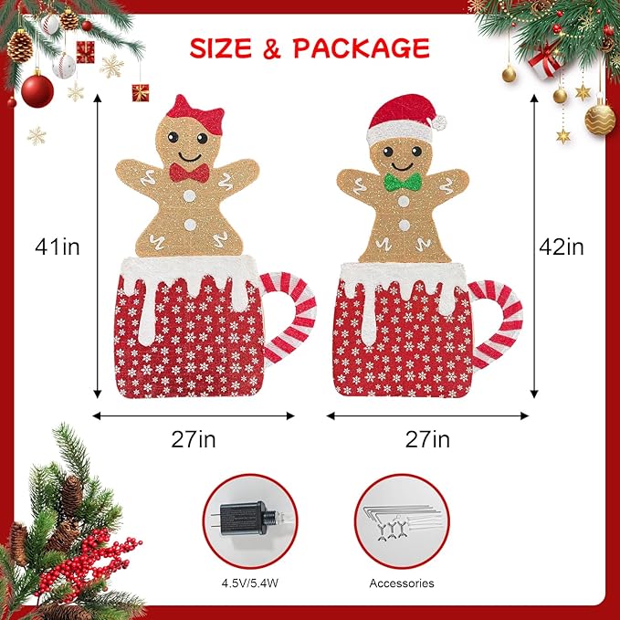 2D Light Up Gingerbread Man Christmas Decorations, 42 Inch Lighted Christmas Outdoor Decorations Yard with 160L, 2Pcs Gingerbread Man Couple Xmas Festive Holiday Front Garden Patio Yard Lawn Display