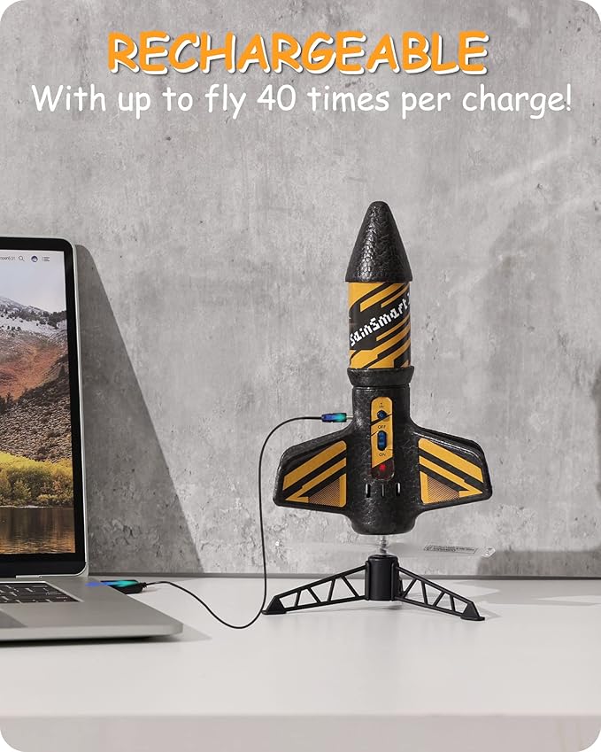 SainSmart Jr. Rocket Launcher for Kids, 200 Feet of Flight Altitude, Motorized Air Rocket with Parachute, Self-Launching Outdoor Toy with Safely Land, Black