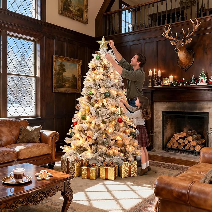 6Ft Prelit Christmas Tree,Snow Flocked Artificial Hinged Holiday Christmas Pine Tree,Xmas Tree w/400 LED Lights and 1200 Snow Flocked Branch Tips for Home,Office,Party Decoration