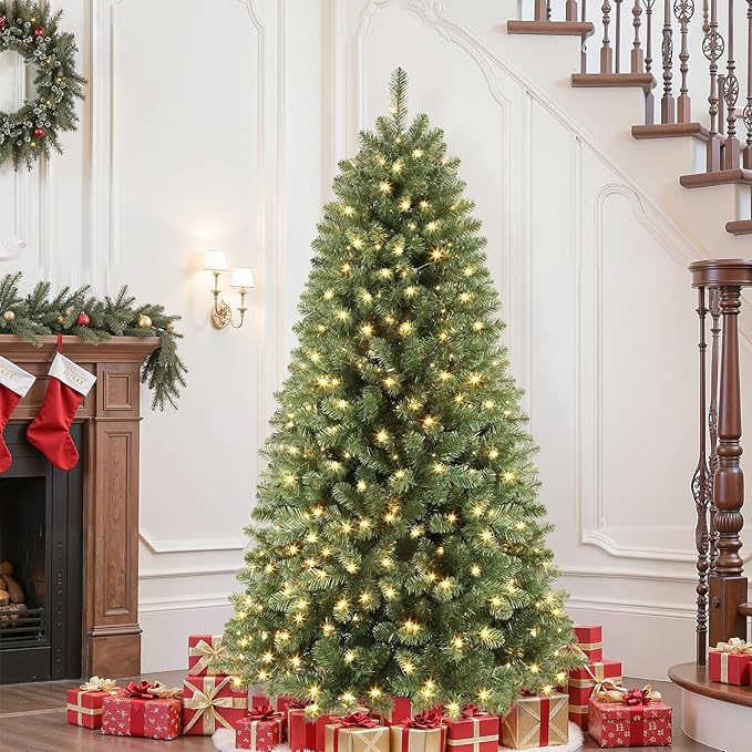 SHareconn 7ft Prelit Premium Artificial Classic Spruce Christmas Tree, 300 Warm White & Color LED Changing Lights, 1020 Branch Tips, Perfect Choice for Xmas Decoration,7 FT