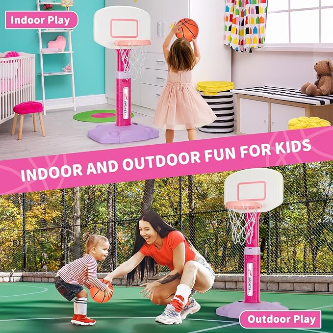 Toddler Basketball Hoop Indoor for Age 1-3, Adjustable Kids Basketball Hoop, Pink Mini Basketball Hoop with 3 Balls for Outdoor Poolside, Birthday Christmas Sport Toys Gift for Baby Boys Girls 1 2 3 4