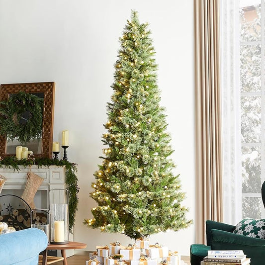 Glitzhome Prelit Christmas Tree, 9ft Artificial Christmas Tree Green Charming Cashmere Slim Pine with 450 Warm White and Multi-Color Globe LED Lights, 9 Function w/Foot Pedal and Remote Control