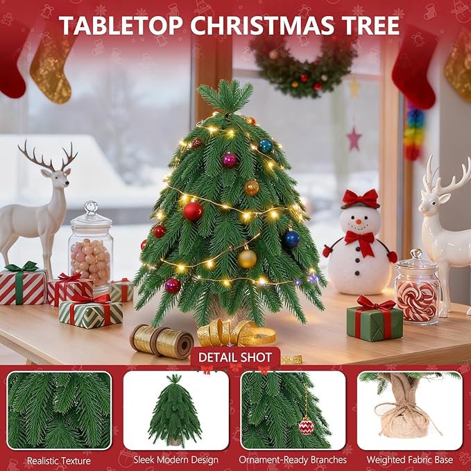 20IN Small Mini Christmas Tree for Tabletop, 1PC Artificial Desktop Christmas Tree with Norfolk Pine Top Design, Small Xmas Tree with Burlap Base for Table Desk Home Christmas Decor