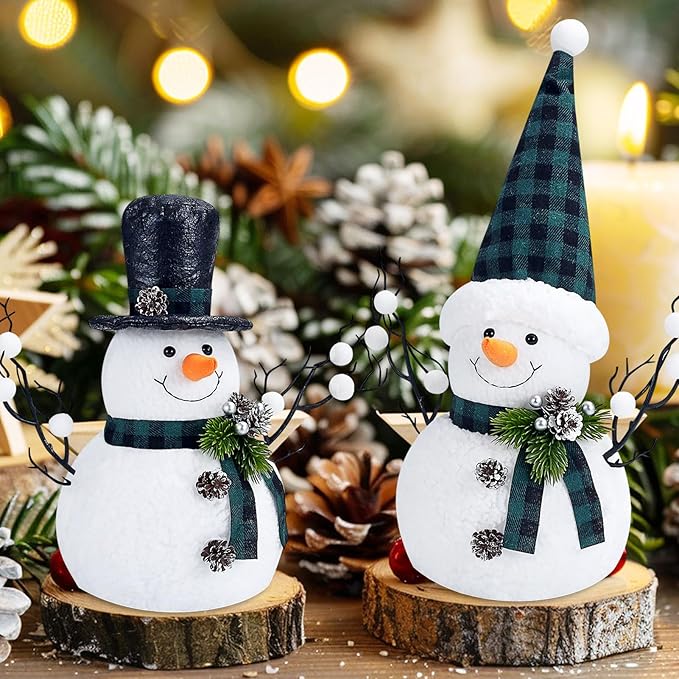 2 Pack Green and White Christmas Day Decor, 14" Lighted Plush Christmas Day Snowman Decorations, Light Up Snowman Holiday Present, Table Mantel Desk Fireplace Shelf Home Holiday Minimalist Decor