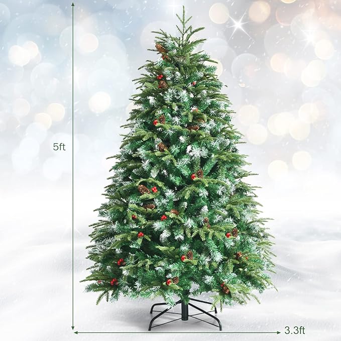 GOFLAME 5ft Pre-Lit Artificial Christmas Tree, Realistic Xmas Tree w/ 581 Branch Tips, 250 Multi-Color LED Lights, 28 Pinecones & Red Berries, Pine Tree w/ 11 Flash Modes for Holiday Decoration