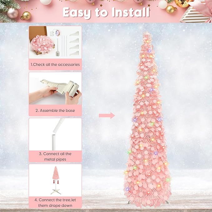 5FT Collapsible Christmas Trees with 90 Lights, Pink Artificial Sequin Pop Up Christmas Tree, Tinsel Slim Pencil Christmas Tree for Home Holiday Fireplace Party Indoor Outdoor Xmas Decorations
