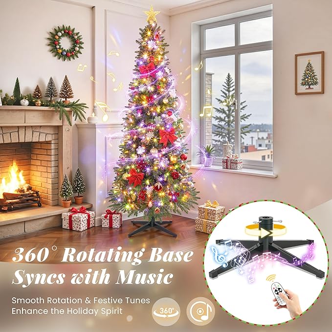 7.5ft Pre-lit Pencil Christmas Tree with Lights, 360° Rotating Stand Built-in Music, Remote Control, Slim Christmas Tree for Holiday Decor