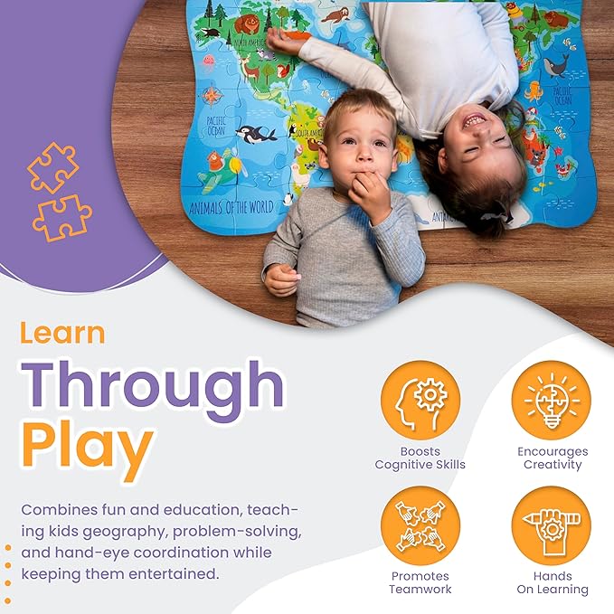 48 Piece Puzzles for Kids Ages 4-6 - Floor Puzzles for Kids Ages 3-5 - Preschool Learning Toys - World Map Puzzle - Educational Toys for 3 Year Old - Includes Two Giant Coloring Posters