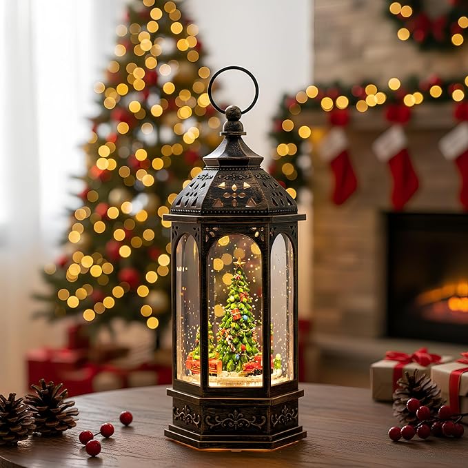 12.8'' Christmas Snow Globe, Santa Train Will Rotate Around The Christmas Tree with Musics Swirling Glitter Water Lantern Decoration for Home, Battery Operated or USB Powered
