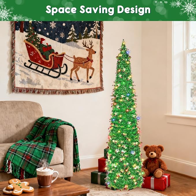 5FT Pop Up Christmas Tree with 90 LED Lights, Collapsible Christimas Tree Sled Sequins Tinsel Slim Pencil Christmas Xmas Tree for Home Holiday Fireplace Party Indoor Outdoor Decorations, Green