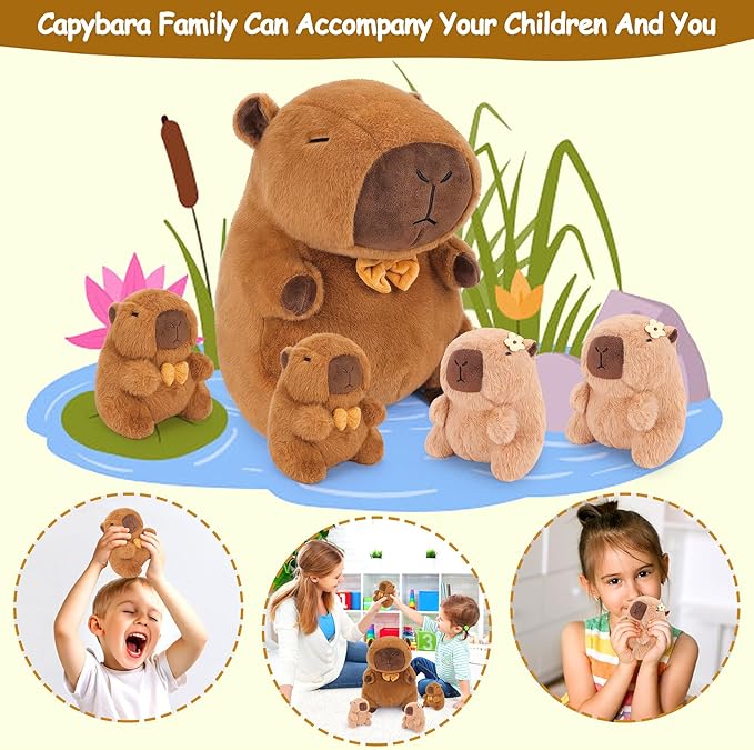 Achwishap 5PCS Capybara Plush,Capybara Stuffed Animal Mommy with 4 Capybara Babies Plush Toy,Cute Plushie Capybara Hugging Pillow Cuddle Plushie for Kids Girls Boys Gifts(Capybara Family,16”,Brown)