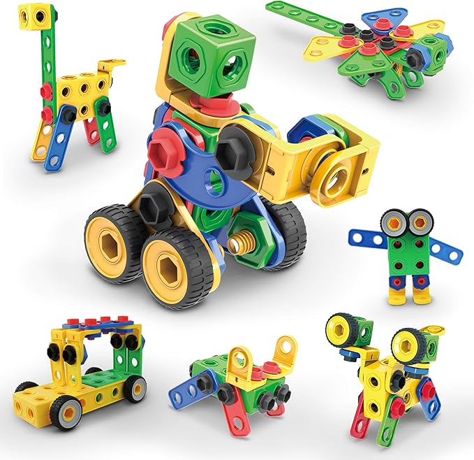 Picasso Toys STEM Learning Toys 105 Piece Building Block Set Kids Construction Engineering Kit Toy Blocks Children Early Education Playset w/IdeaBook, Power Drill, Clickable Ratchet, Age 3+ PTN105