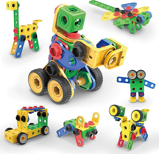 Picasso Toys STEM Learning Toys 105 Piece Building Block Set Kids Construction Engineering Kit Toy Blocks Children Early Education Playset w/IdeaBook, Power Drill, Clickable Ratchet, Age 3+ PTN105