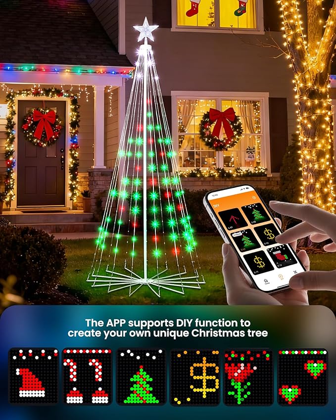 Outdoor Christmas Cone Tree, 7FT 295 LEDs with Smart APP and Local Control, DIY Pattern and Text Displayable, IP65 Waterproof RGB String Lights for Porch Yard Indoor Outdoor Decorations