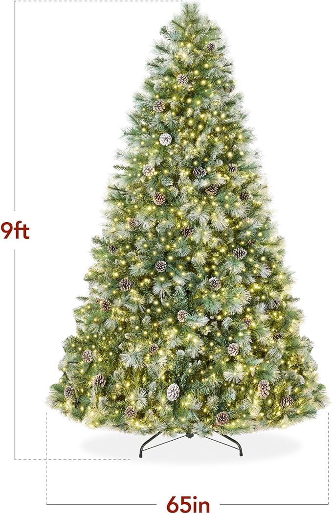 Best Choice Products 9ft Pre-Lit Scotch Pine Christmas Tree, Premium Frosted Pre-Decorated Artificial Holiday Decor w/ 2,020 Branch Tips, 2-in-1 White and Multicolor LED Lights, Cordless Setup