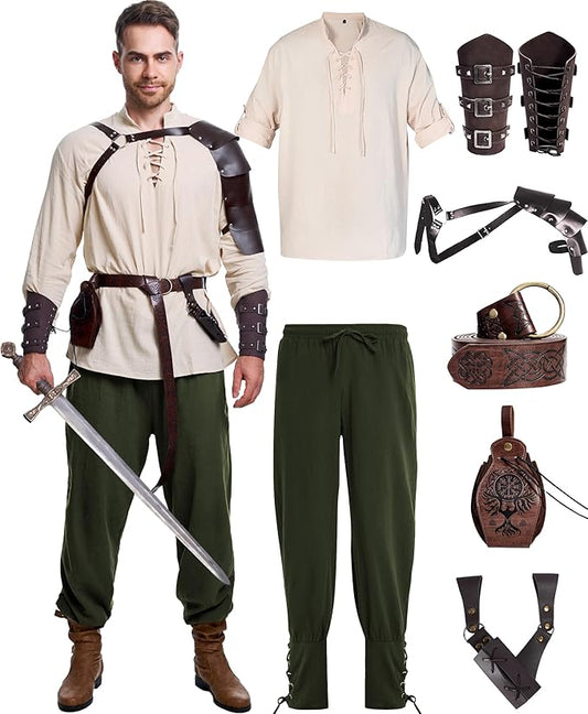 8 Pcs Men's Renaissance Costume Halloween Medieval Pirate Shirt Pant Viking Costume Accessories Set