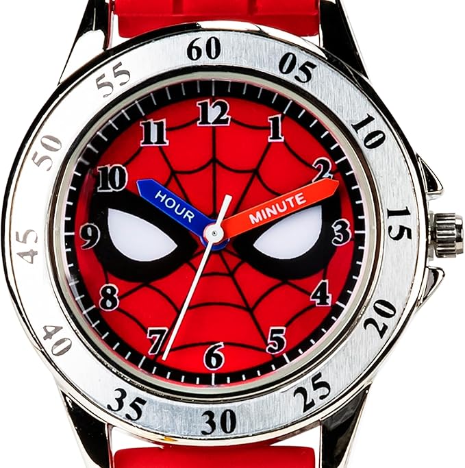 Accutime Spiderman Time Teacher Watch for Kids - Red Silicone Strap, Easy-to-Read Dial, Water Resistant, with Special Tin
