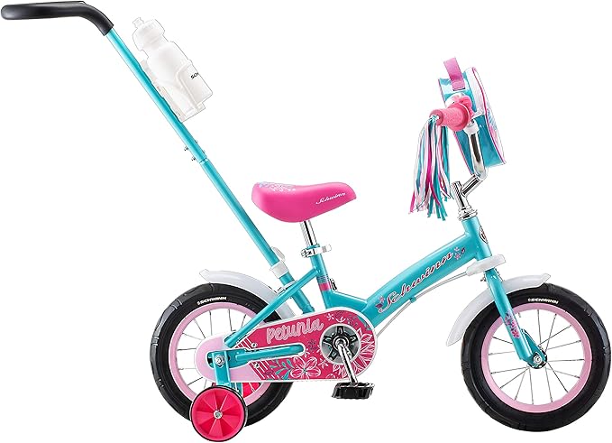 Schwinn Grit and Petunia Push Steer and Ride Kids Bike, For Boys & Girls Ages 2-4 Year Old, Rider Height 28-38 Inch,12-Inch Wheels, Training Wheels, Detachable Push Handle with Water Bottle & Holder