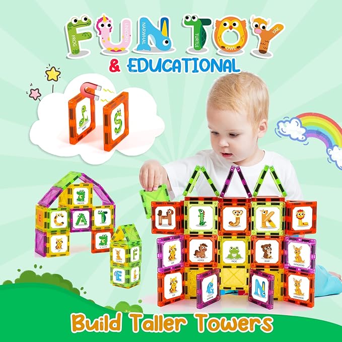 Magnetic Tiles Letters Learning Toys, Animals Alphabet ABC Magnets for Kids 1-3 2-4 3-5, Toddlers Classroom Must Haves Construction Stacking Toys, Teacher Educational Supplies for Preschool Spelling