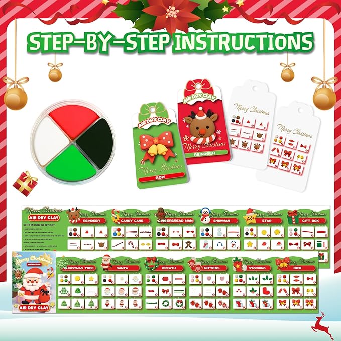 Air Dry Clay Kit Christmas Craft for Kids – 12 Holiday Themes Modeling Clay with Tools & Step-by-Step Guide, DIY Art & Craft Set, Creative Party Favors, Perfect Christmas Gifts & Stocking Stuffers