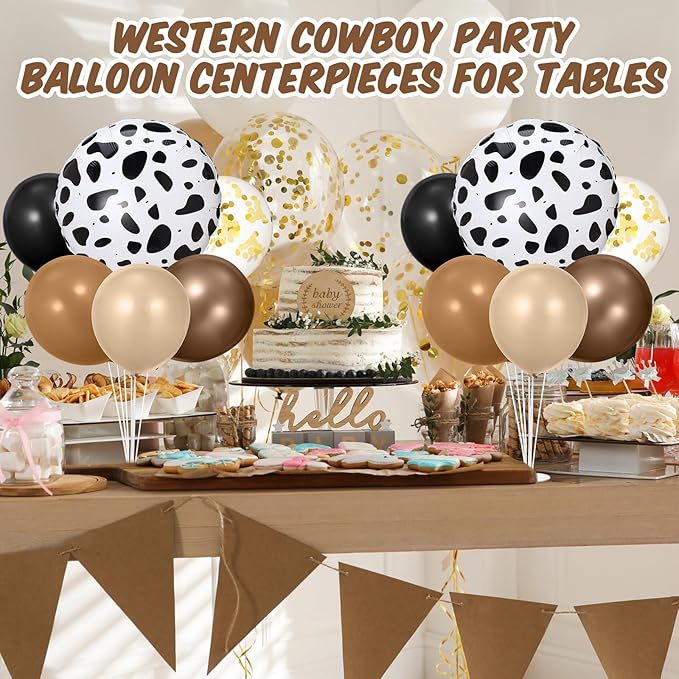 2 Sets Western Cowboy Party Decorations Table Centerpiece Brown Neutral Balloon Stand Kit with Large Cow Print Foil and Latex Balloon for Baby Shower Farm Animals Birthday Bachelor Supplies