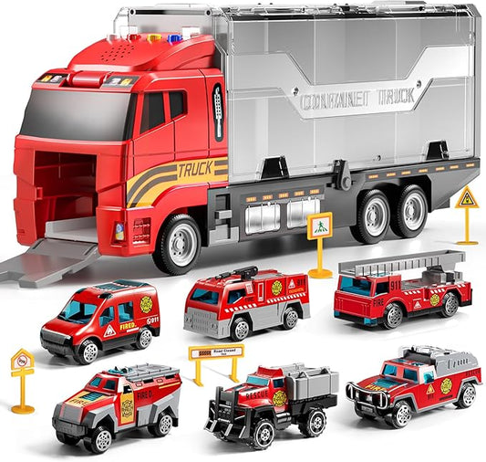 TEMI Fire Truck Toy Set with Play Mat, Carrier Truck for Kids Toddlers, Die-Cast Metal Toy Car Set, Christmas Birthday Gift for Age 3 4 5 6 + Years Old Boys Girls