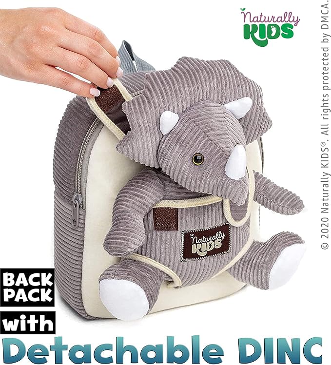 Naturally KIDS Small Dinosaur Backpack - Triceratops Dinosaur Toys for Kids 3-5 - Toddler Backpack for Boys & Girls - Grey Plush Stuffed Animal