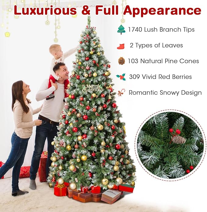 Goplus 9ft Pre-Lit Christmas Tree, Artificial Hinged Xmas Tree with 650 Warm-White LED Lights, 8 Lighting Modes, 1740 Branch Tips, Red Berries & Pinecones, for Holiday Party Office Home Decor