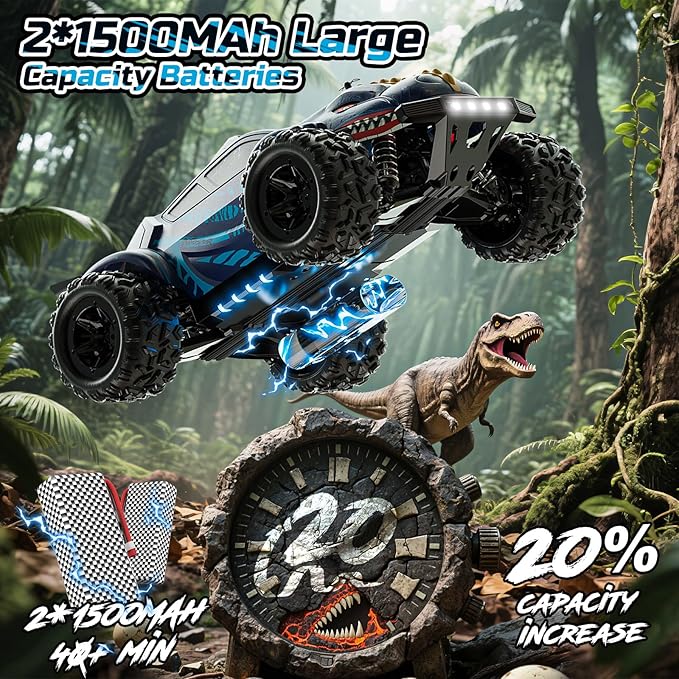 DEERC 9308E 1:16 Fast RC Cars for Boys Age 8-12 RC Monster Truck 40 KPH,All Terrain 4WD High Speed Dinosaur Truck 2 Car Shell,2.4Ghz Off-Road Remote Control Cars with 2 Batteries, Toy Gift for Kids
