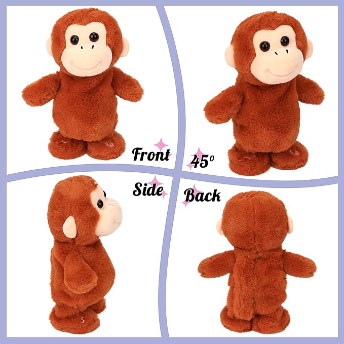 Hopearl Talking Singing Monkey Repeats What You Say Walking Electric Interactive Animated Toy Speaking Plush Buddy Gifts for Toddlers, Brown, 8.5''