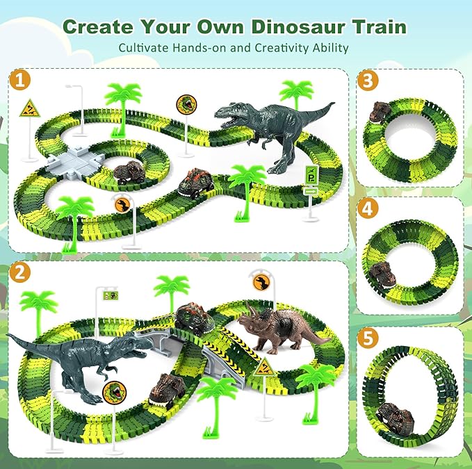 Dinosaur Toys, Create A Dinosaur World Road Race Tracks Glow in The Dark Flexible Train Track Playset, 2pcs Dinosaur Car for 3 4 5 6 Year Old Boys Girls Christmas Birthday Gift, CF2268