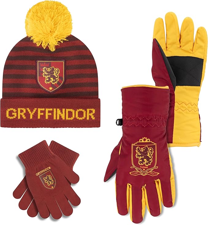 Harry Potter Winter Hat and Gloves with Set, Gryffindor, Slytherin, Hufflepuff, Ravenclaw, Winter Set 5-13 Year Olds