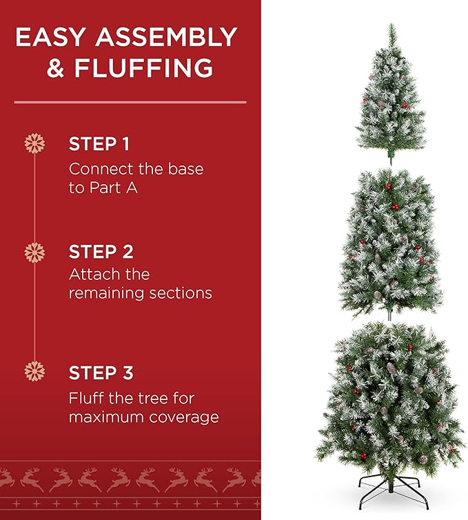 Best Choice Products 7.5ft Pre-Lit Pencil Christmas Tree, Partially Flocked Pre-Decorated for Home, Skinny Frosted Holiday Tree w/ 1,075 Tips, 350 Lights, Pine Cones, Metal Hinges & Base