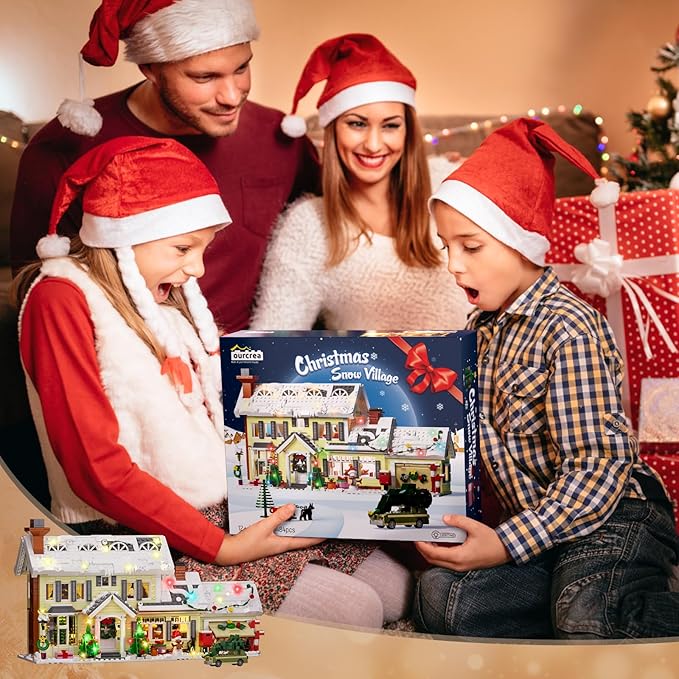 Christmas Holiday House Building Set, DIY Christmas Holiday Snow Village with Clark's Car, Christmas House Compatible with Lego Gifts for Boys, Girls, Family, and Friends (1484pcs)