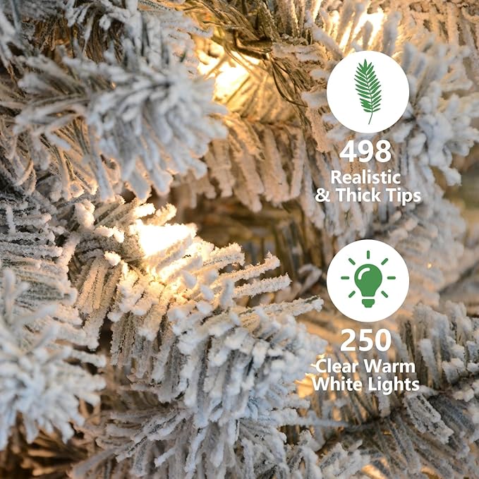 4.5ft Per-Lit Snow Flocked Christmas Tree, Artificial Christmas Tree with 250 Warm White Lights, 498 Branch Tips, Premium Green Full Xmas Tree for Easy Holiday Setup, Foldable Metal Base