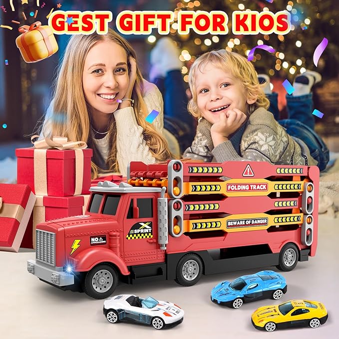 HONGTUO Toy Truck for Kids Truck Race Track with 6 Cars, 2-Player Racing Mode, Lights & Sounds, Ideal Christmas or Birthday Present for Toddlers Age 3 4 5 6+Years Old Boys Girls
