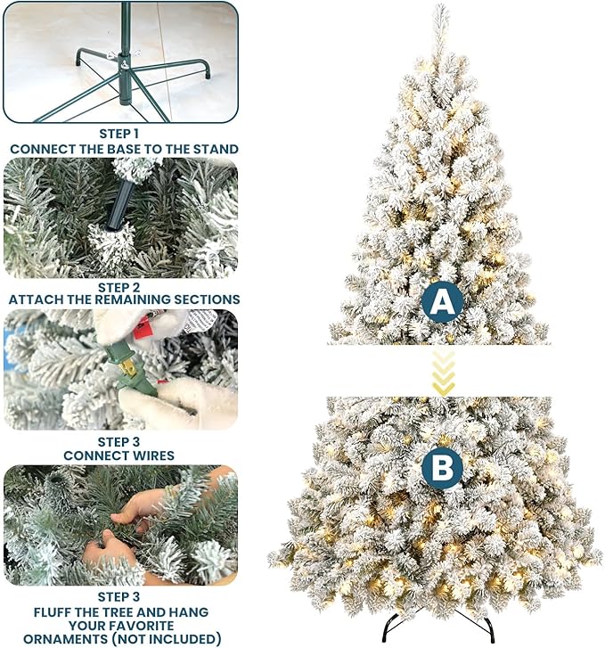 Kadunmina 5ft Pre-lit Artificial Christmas Tree, Hinged Snow Flocked Xmas Trees with 200 Incandescent Warm White Lights,551 Branch Tips and Metal Stand for Home,Office,Holiday Decor,Green & White