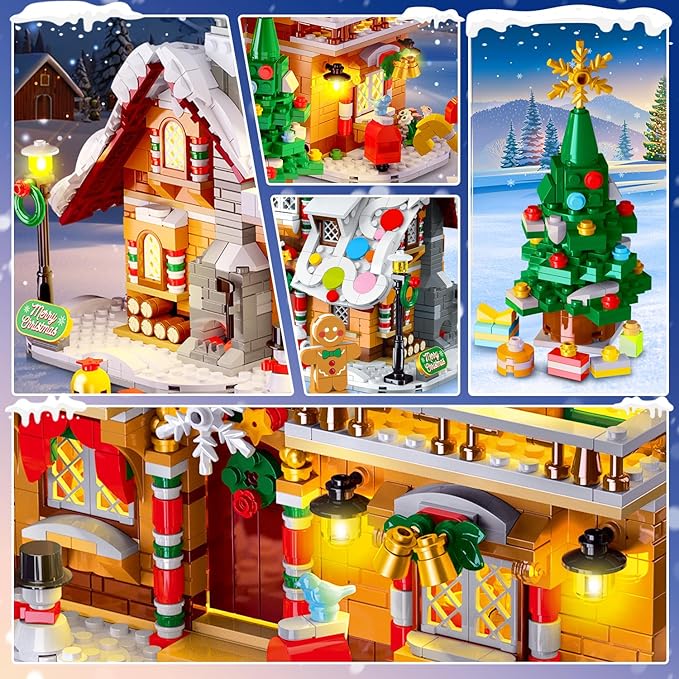 2025 Christmas 3 Style Gingerbread House Building Set with Light - 1477PCS Christmas Village Castle Building Block Toy with Santa Claus Xmas Tree Train for Adult Kids Girl Boy 6+