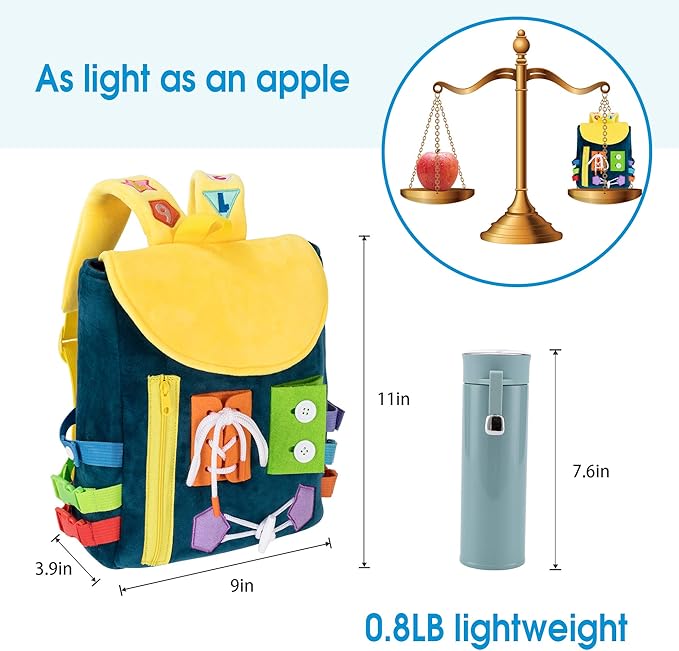 Busy Board - Toddler Backpack with Buckles and Learning Activity Toys - Develop Fine Motor Skills and Basic Life Skills - Learn to Tie Shoes - Children's Travel Toy