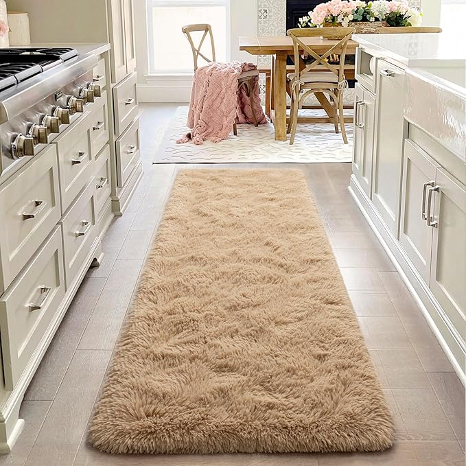 2x6 Beige Fluffy Bedside Runner Rug Machine Washable, Shag Throw Bedroom Rugs Non Slip, Hallway Small Area Long Plush Carpet for Nursery, Kid Boy Girl Room