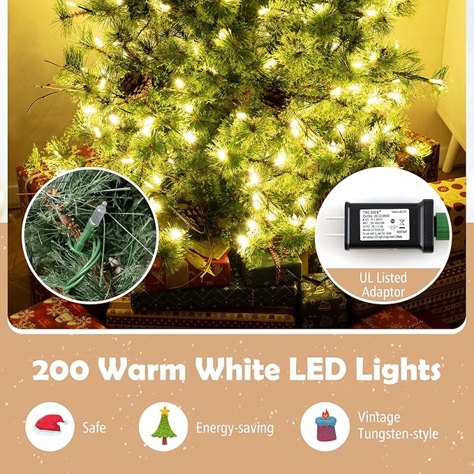 GOFLAME 6FT Pre-lit Christmas Tree, Artificial Xmas Tree with 200 Warm White LED Lights, 370 Branch Tips, Withered Branches, Pine Needles & 22 Pine Cones, Holiday Decoration Tree for Home Party