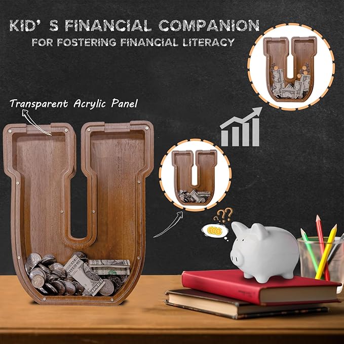 Personalized Wooden Letter Piggy Bank for Kids Larger Letter Piggy Bank for Boys and Girls Initial Coin Bank Customized Piggy Bank Perfect Wood Kids Money Bank for Birthday and Festival