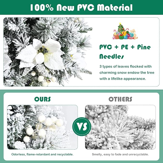 Goplus 4ft Flocked White Christmas Tree for Entrances, 2 Pack Pre-lit Artificial Xmas Tree w/Warm White 100 LED Lights, Flowers & White Berries in Black Urn Base, Porch Festival Holiday Decoration