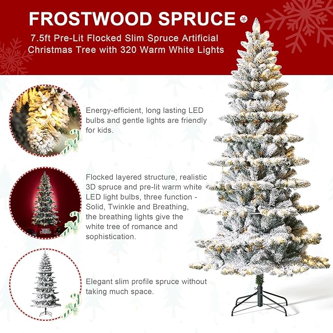 Glitzhome 7.5ft Pre-Lit Flocked Slim Artificial Christmas Tree Frostwood Spruce with 320 Warm White Lights and Sturdy Metal Stand for Home, Office, Party Decoration
