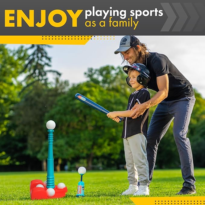T Ball Stand for Kids and Toddlers 1-3, 3-5, 5-8. Baseball Set With 6 Large Balls, Adjustable Tball Batting Tee, and Pitching Machine. T-Ball Sets With Bat and Ball