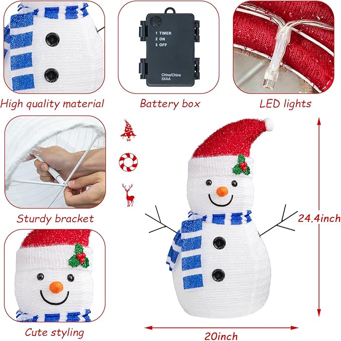VCUTEKA Christmas Snowman Decorations, 2FT Collapsible Snowman with LED Lights Pop up Xmas Holiday Decor for Indoor Outdoor Home Yard Garden Lawn