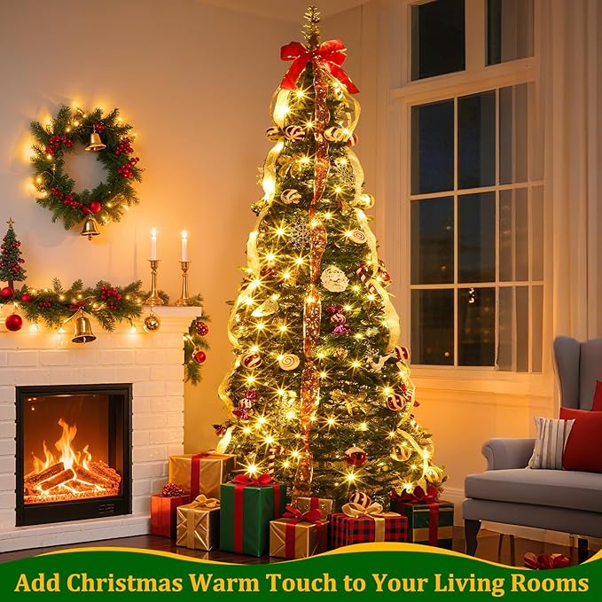 6.5 FT Prelit Pop Up Christmas Tree with 220 Warm White & Multicolor Lights 8 Modes & Timer Fully Decorated 103 Ornaments, Collapsible Pull Up Christmas Tree with Lights for Indoor Home Party Decor
