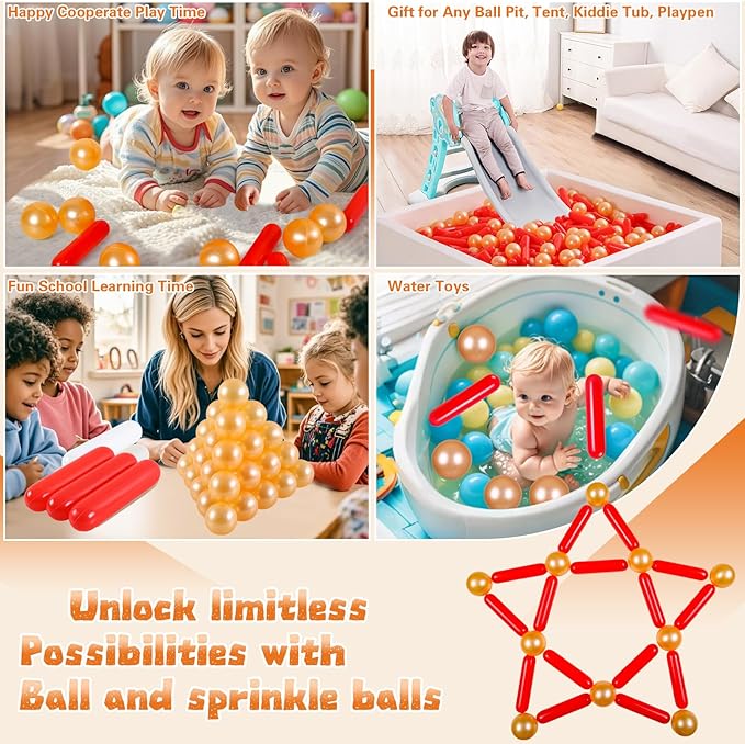 Ball Pit Balls and Strips for Ball Pits, 50 200 500pcs Cute Plastic Star Toy Balls for Kids, Baby Toddler 1-3 Birthday, Bounce House, Play Tent, Baby Pool Water Toys, Party